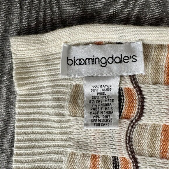Bloomingdale's Wool Cashmere Angora Blend Ivory Brown Orange Stripe Long Scarf - Picture 3 of 3